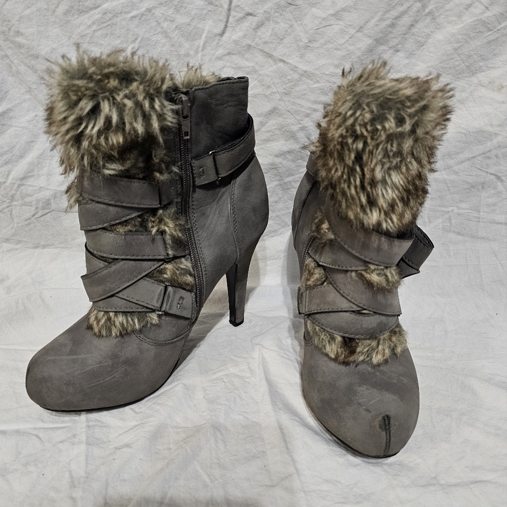 JustFab Gray Heeled Boots with Faux Fur Trim